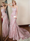 Modern Floral Lace Dusty Rose Mermaid Prom Dresses with Train