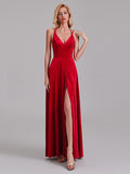Exquisite A-Line V-Neck Straps Red Velvet Side Slit Floor-Length Bridesmaid Dresses