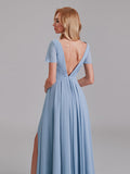 A-Line V-Neck Short Sleeves Chiffon Long Bridesmaid Dresses With Pleated