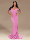 Exquisite Mermaid Off The Shoulder Sweep Train Bridesmaid Dresses With Appliques