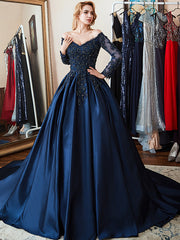 Long Sleeve Floral Lace Appliques Satin Beaded Ball Gown Formal Prom Dresses