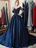 Long Sleeve Floral Lace Appliques Satin Beaded Ball Gown Formal Prom Dresses