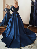 Long Sleeve Floral Lace Appliques Satin Beaded Ball Gown Formal Prom Dresses