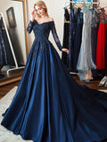 Long Sleeve Floral Lace Appliques Satin Beaded Ball Gown Formal Prom Dresses
