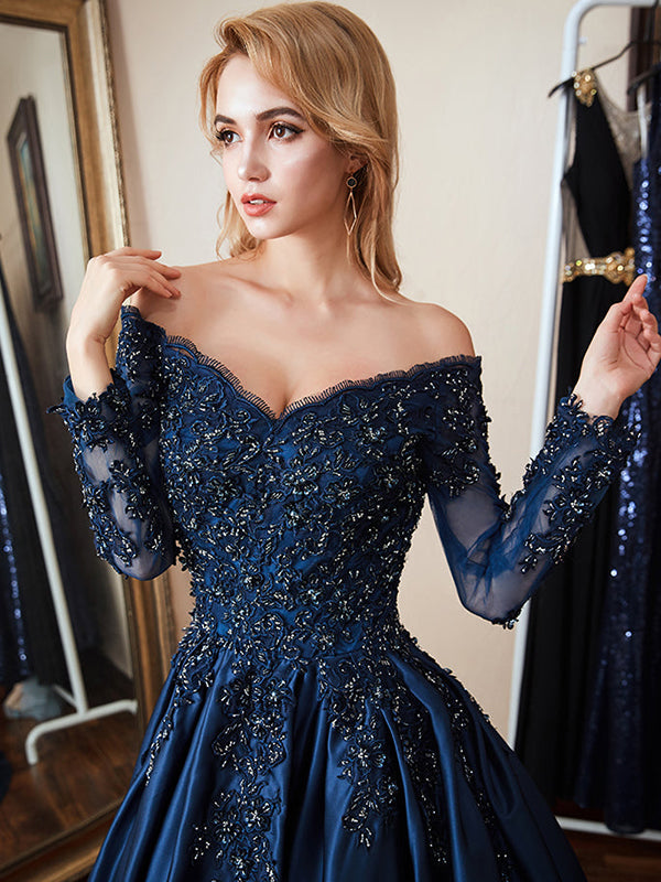 Long Sleeve Floral Lace Appliques Satin Beaded Ball Gown Formal Prom D ...