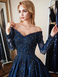 Long Sleeve Floral Lace Appliques Satin Beaded Ball Gown Formal Prom Dresses