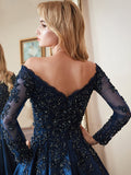 Long Sleeve Floral Lace Appliques Satin Beaded Ball Gown Formal Prom Dresses