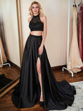 High Neck Beaded Crystal Shiny Smooth Stretch Satin Two Piece Prom Dresses With Slit