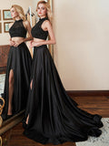 High Neck Beaded Crystal Shiny Smooth Stretch Satin Two Piece Prom Dresses With Slit