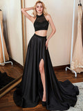 High Neck Beaded Crystal Shiny Smooth Stretch Satin Two Piece Prom Dresses With Slit
