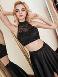 High Neck Beaded Crystal Shiny Smooth Stretch Satin Two Piece Prom Dresses With Slit