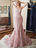 Modern Floral Lace Dusty Rose Mermaid Prom Dresses with Train