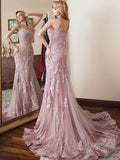 Modern Floral Lace Dusty Rose Mermaid Prom Dresses with Train