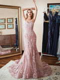 Modern Floral Lace Dusty Rose Mermaid Prom Dresses with Train