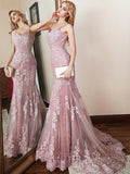 Modern Floral Lace Dusty Rose Mermaid Prom Dresses with Train
