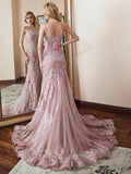 Modern Floral Lace Dusty Rose Mermaid Prom Dresses with Train