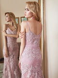 Modern Floral Lace Dusty Rose Mermaid Prom Dresses with Train