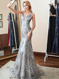 Bling Mermaid V-Neck Spaghetti Strap Sweep Train Prom Dresses with Sequin