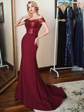 Off-the-Shoulder Stretch Crepe and Sequin Mermaid Long Dress