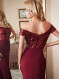 Off-the-Shoulder Stretch Crepe and Sequin Mermaid Long Dress