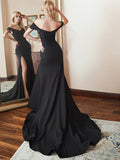 Off-the-Shoulder stretch satin Slim Prom Dresses with Slit