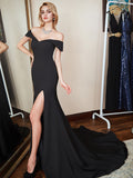 Off-the-Shoulder stretch satin Slim Prom Dresses with Slit