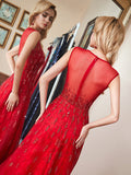 Modern Red Tulle A-Line Formal Prom Long Dresses