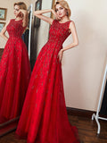 Modern Red Tulle A-Line Formal Prom Long Dresses
