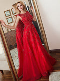 Modern Red Tulle A-Line Formal Prom Long Dresses