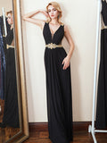 Elegant Low V-Neck With Belt Black Prom Long Dress