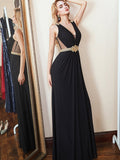 Elegant Low V-Neck With Belt Black Prom Long Dress