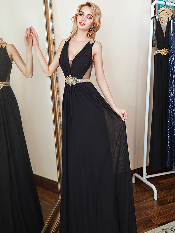 Elegant Low V-Neck With Belt Black Prom Long Dress