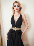 Elegant Low V-Neck With Belt Black Prom Long Dress