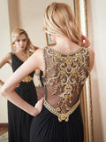 Elegant Low V-Neck With Belt Black Prom Long Dress