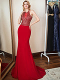 Romantic Red Backless Crystal Halter Neck Prom Dress