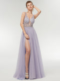 Illusion V-Neck Crystal Beadd Soft Tulle Prom Dress with Slit