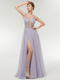Illusion V-Neck Crystal Beadd Soft Tulle Prom Dress with Slit