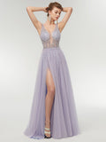 Illusion V-Neck Crystal Beadd Soft Tulle Prom Dress with Slit
