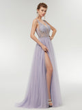 Illusion V-Neck Crystal Beadd Soft Tulle Prom Dress with Slit