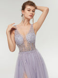 Illusion V-Neck Crystal Beadd Soft Tulle Prom Dress with Slit