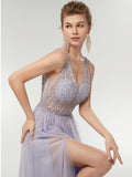 Illusion V-Neck Crystal Beadd Soft Tulle Prom Dress with Slit