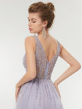 Illusion V-Neck Crystal Beadd Soft Tulle Prom Dress with Slit