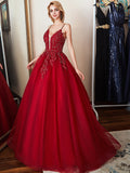 Spaghetti Strap Floral Lace Beaded Red Tulle Prom Ball Gown