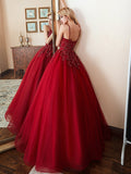 Spaghetti Strap Floral Lace Beaded Red Tulle Prom Ball Gown
