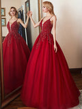Spaghetti Strap Floral Lace Beaded Red Tulle Prom Ball Gown