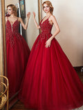 Spaghetti Strap Floral Lace Beaded Red Tulle Prom Ball Gown