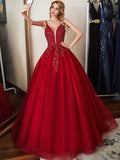 Spaghetti Strap Floral Lace Beaded Red Tulle Prom Ball Gown