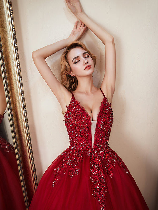 Spaghetti Strap Floral Lace Beaded Red Tulle Prom Ball Gown