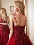 Spaghetti Strap Floral Lace Beaded Red Tulle Prom Ball Gown