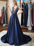 Double V-Neck Navy Blue Beads Crystal A Line Formal Prom Dresses